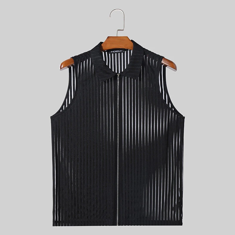 INCERUN Mens Striped See Through Lapel Collar Vest Comfortable Black Zipper Sleeveless Tank Top for Male — view 2