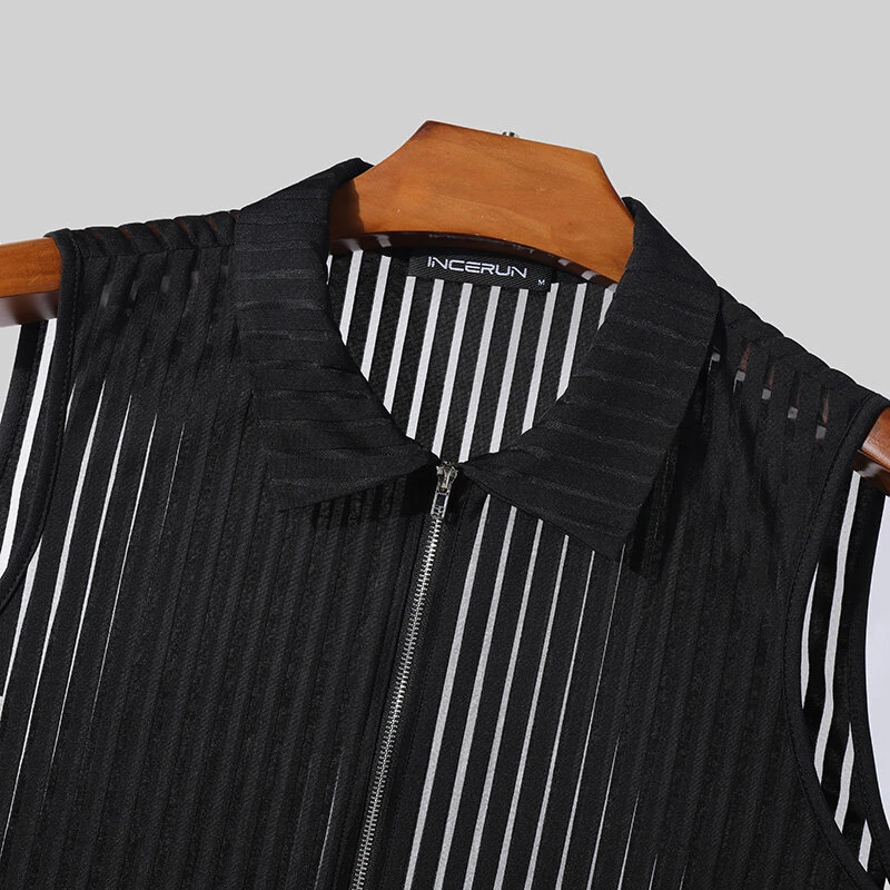 INCERUN Mens Striped See Through Lapel Collar Vest Comfortable Black Zipper Sleeveless Tank Top for Male — view 3