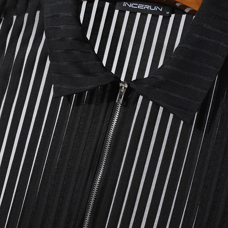 INCERUN Mens Striped See Through Lapel Collar Vest Comfortable Black Zipper Sleeveless Tank Top for Male — view 4