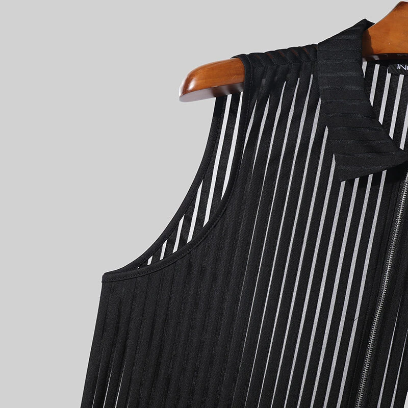 INCERUN Mens Striped See Through Lapel Collar Vest Comfortable Black Zipper Sleeveless Tank Top for Male — view 5