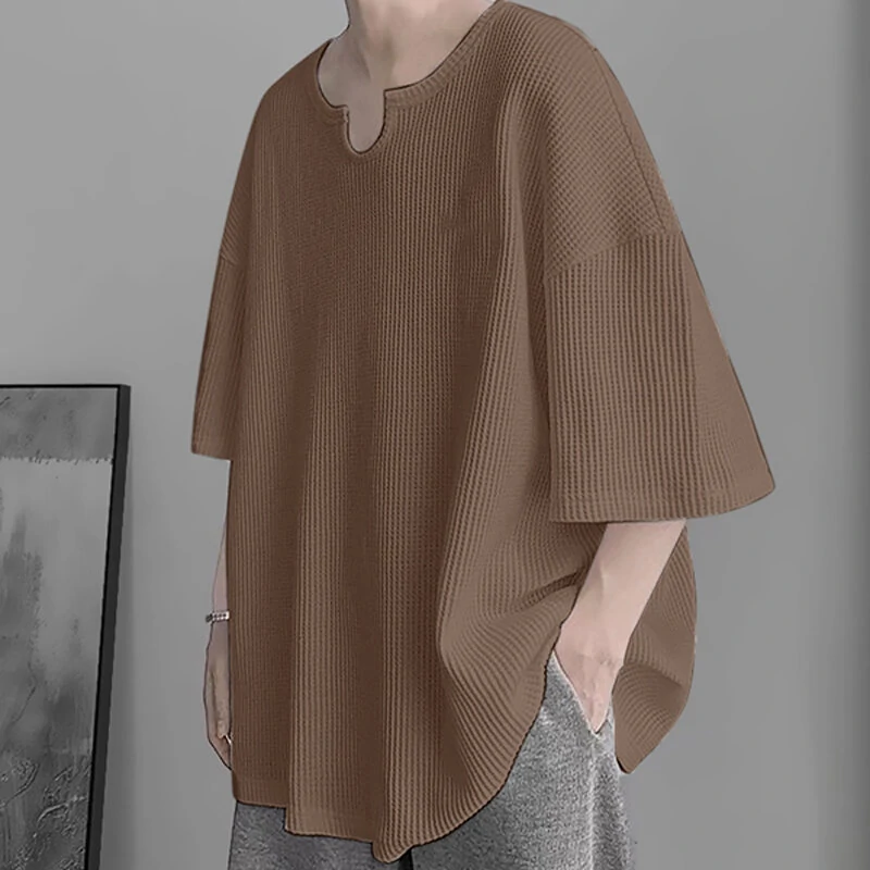 INCERUN Mens T Shirts Textured Waffle Loose Top Solid Color Casual Short Sleeve T-Shirts — view 4