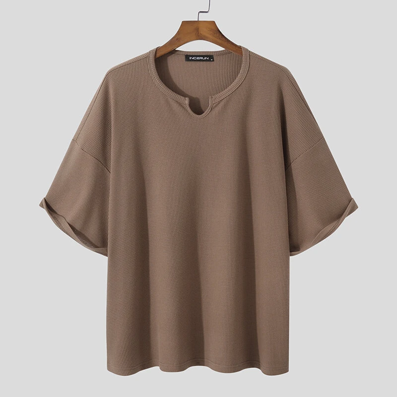 INCERUN Mens T Shirts Textured Waffle Loose Top Solid Color Casual Short Sleeve T-Shirts — view 5