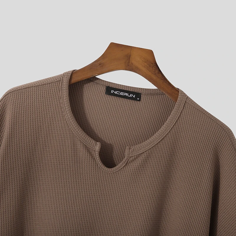 INCERUN Mens T Shirts Textured Waffle Loose Top Solid Color Casual Short Sleeve T-Shirts — view 6