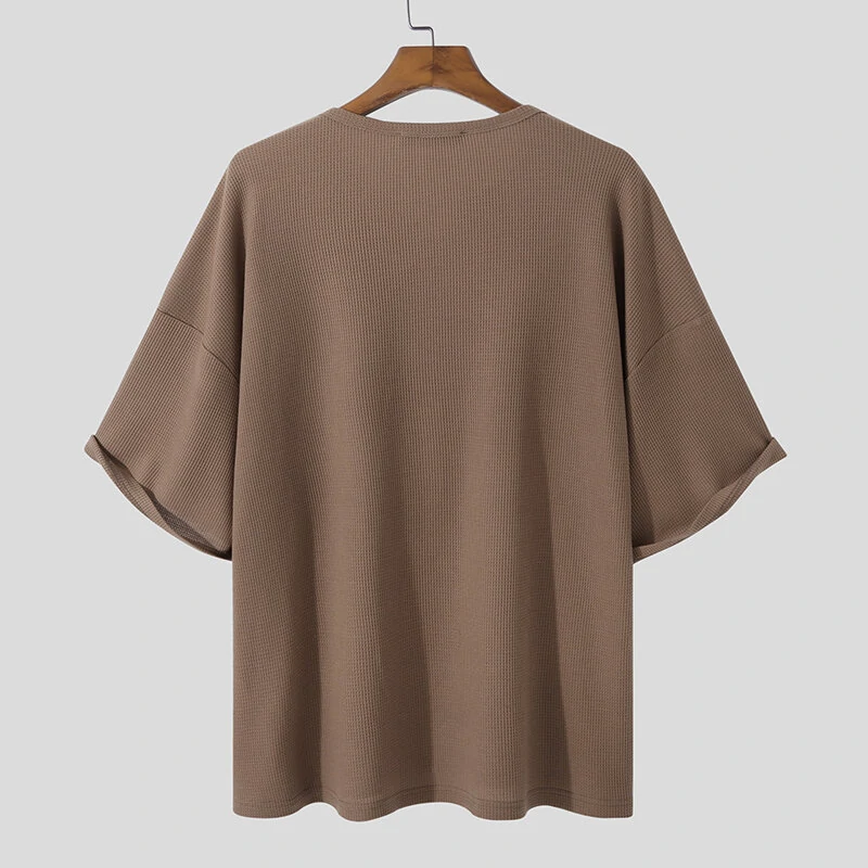 INCERUN Mens T Shirts Textured Waffle Loose Top Solid Color Casual Short Sleeve T-Shirts — view 8