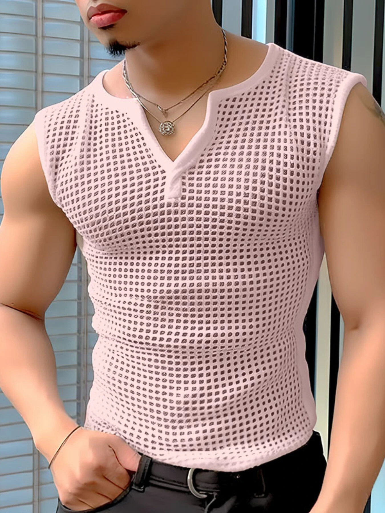 INCERUN Mens Tank Top Fashion V-neck Hollow Out Mesh Fabric Men Tops Clothing — view 2