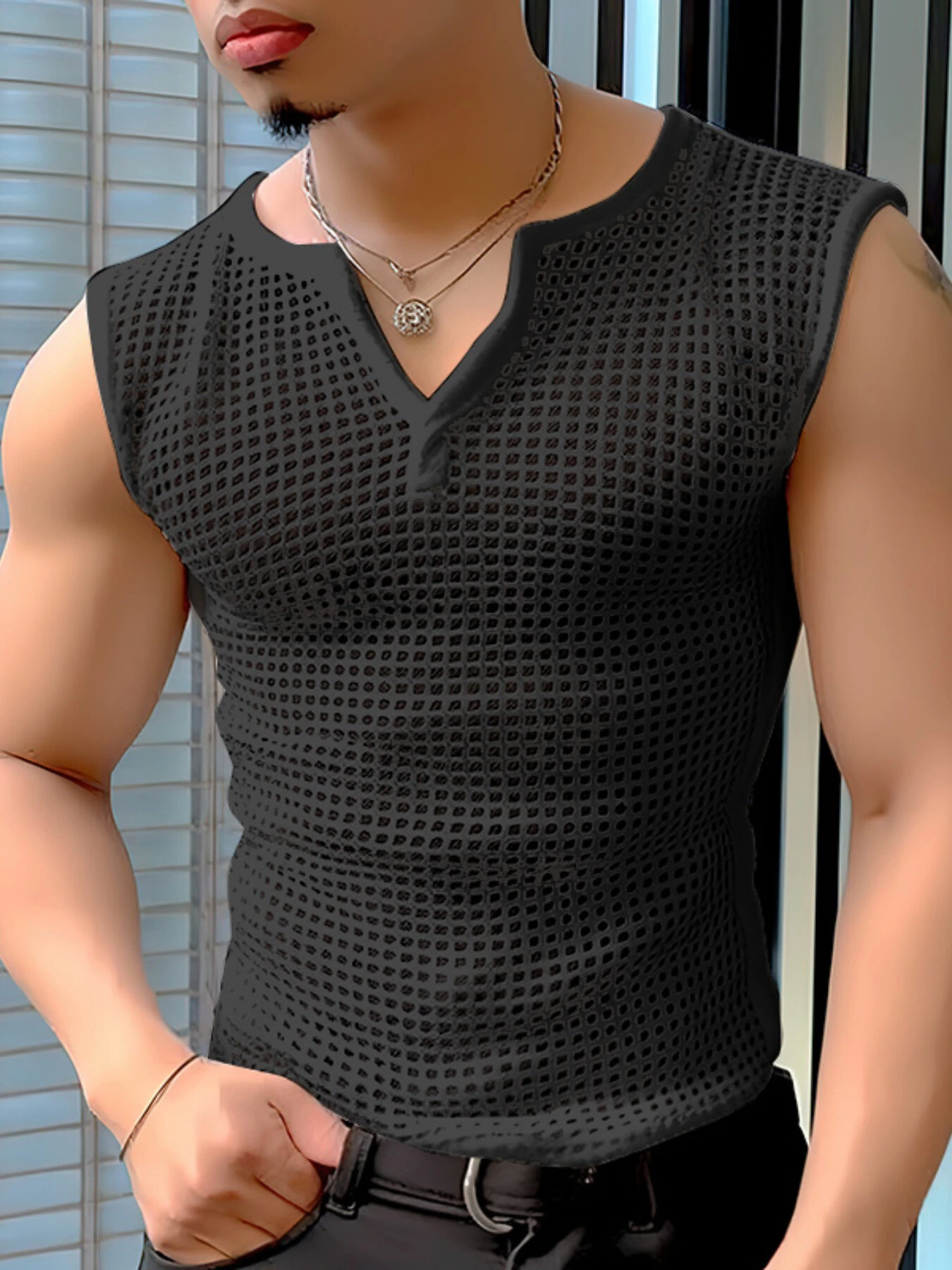 INCERUN Mens Tank Top Fashion V-neck Hollow Out Mesh Fabric Men Tops Clothing — view 3