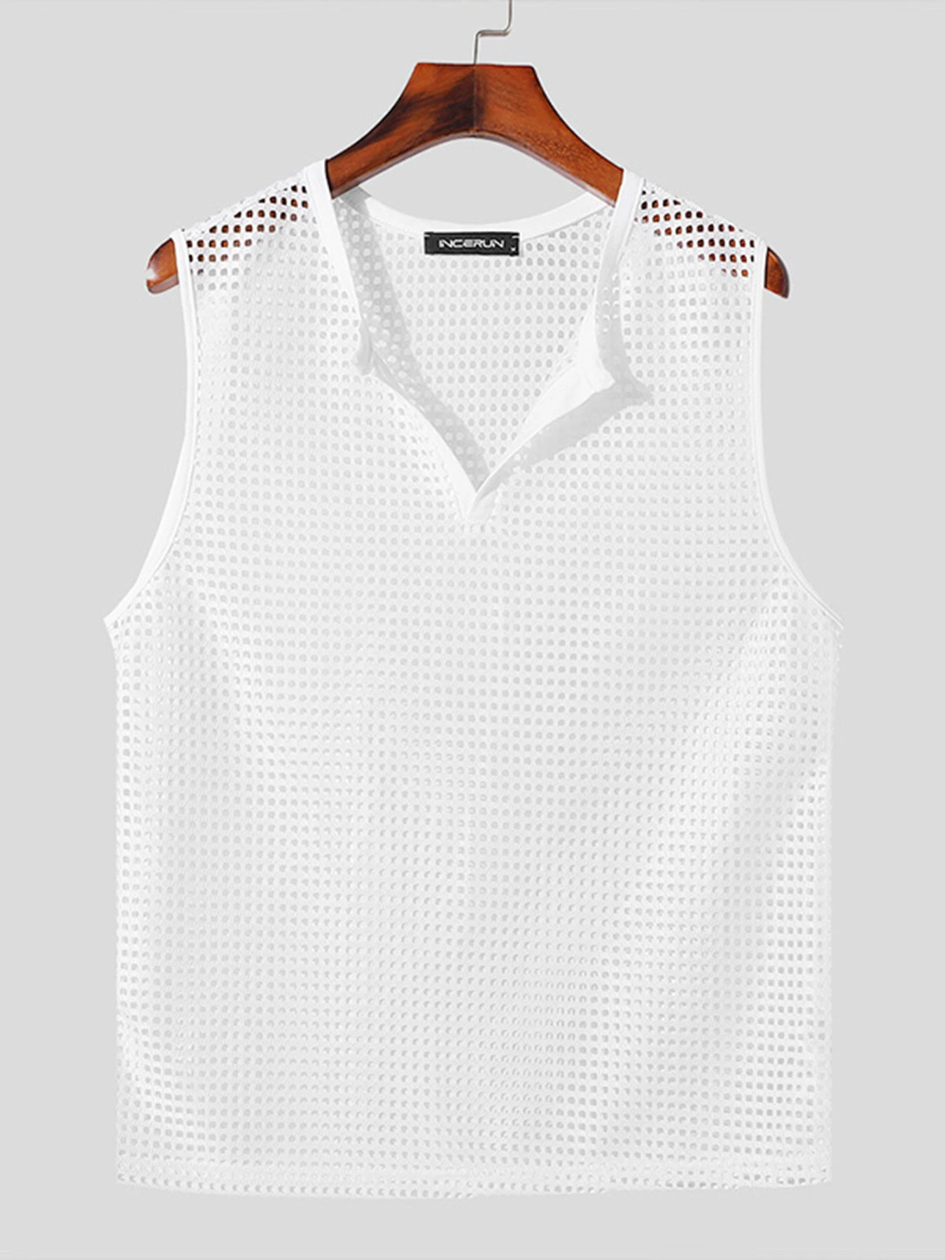 INCERUN Mens Tank Top Fashion V-neck Hollow Out Mesh Fabric Men Tops Clothing — view 4