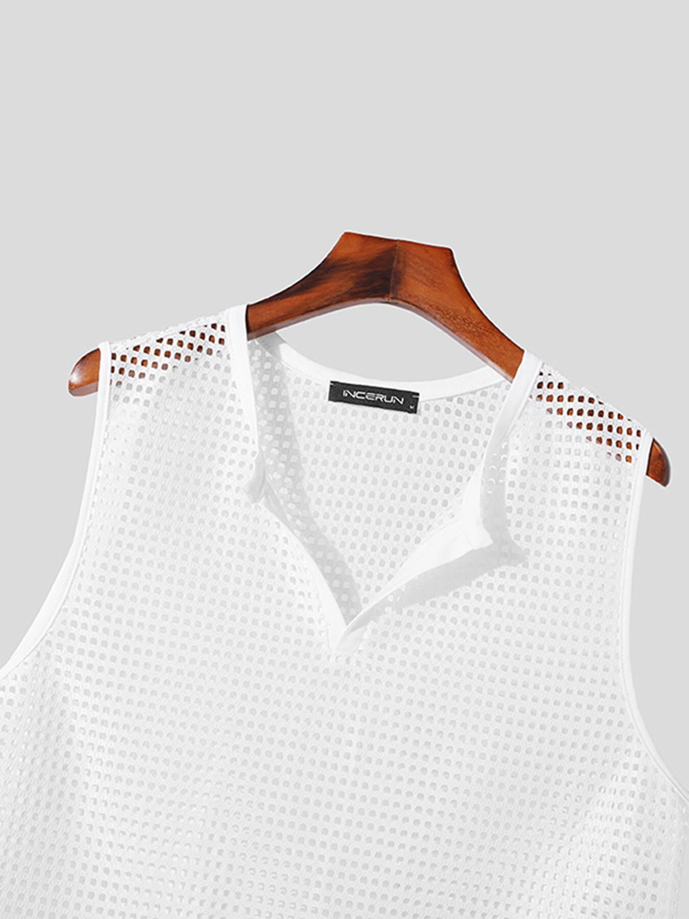 INCERUN Mens Tank Top Fashion V-neck Hollow Out Mesh Fabric Men Tops Clothing — view 5