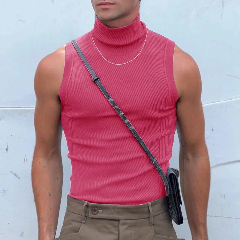 INCERUN Mens Tank Tops Fashion-forward Males Solid Color Knitted High-necked Vest Summer Comfy Sleeveless Men's Top Clothing — view 3