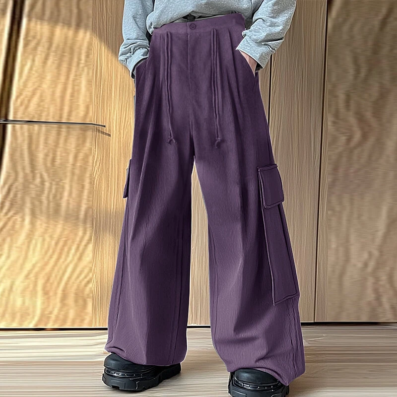 INCERUN Mens Textured Comfortable Straight Leg Pant Solid Color Casual Wide Legged Pants Male S-5XL — view 3