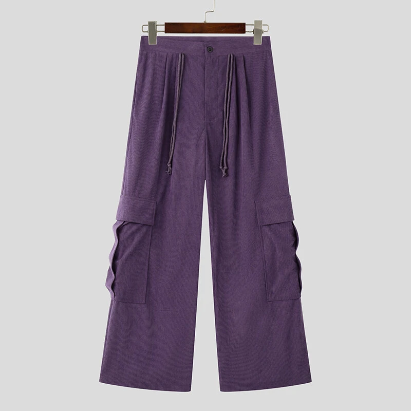 INCERUN Mens Textured Comfortable Straight Leg Pant Solid Color Casual Wide Legged Pants Male S-5XL — view 4
