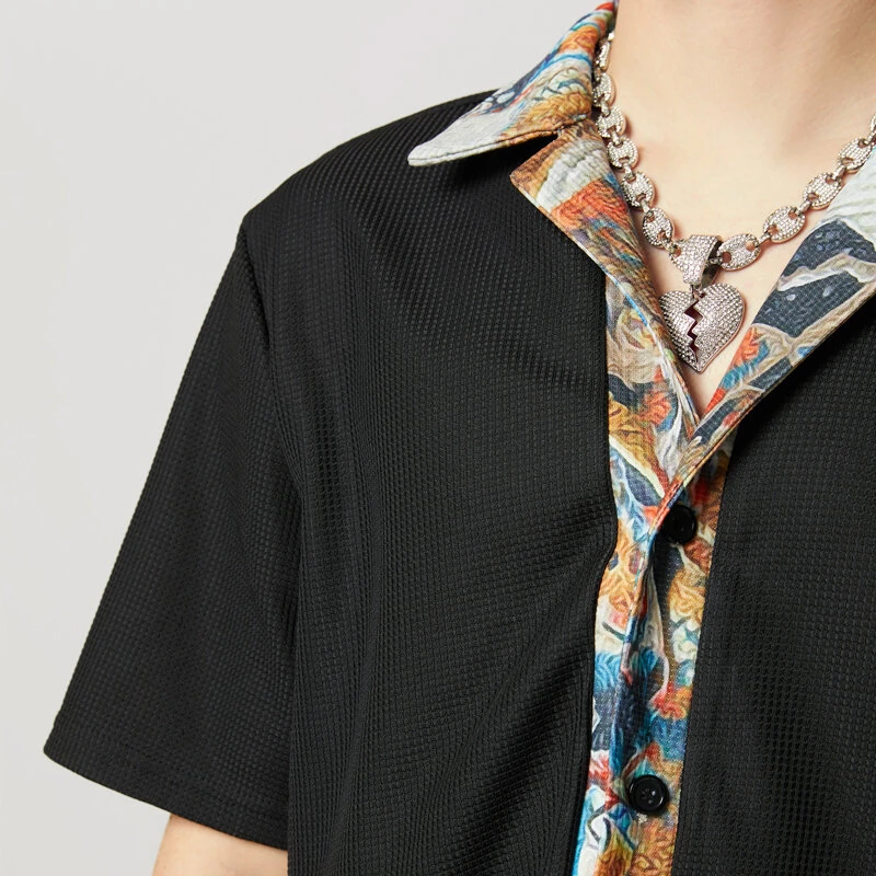 INCERUN Mens Textured Patchwork Cropped Short Sleeve Shirt Comfortable Fashion Solid Printed Edge Lapel Top — view 2