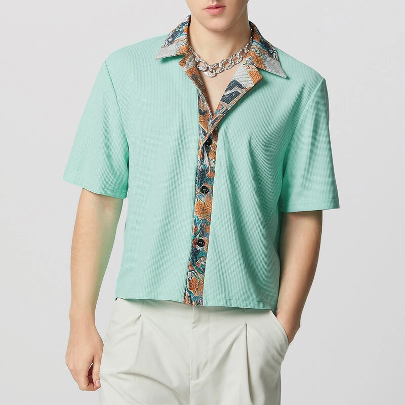 INCERUN Mens Textured Patchwork Cropped Short Sleeve Shirt Comfortable Fashion Solid Printed Edge Lapel Top — view 4