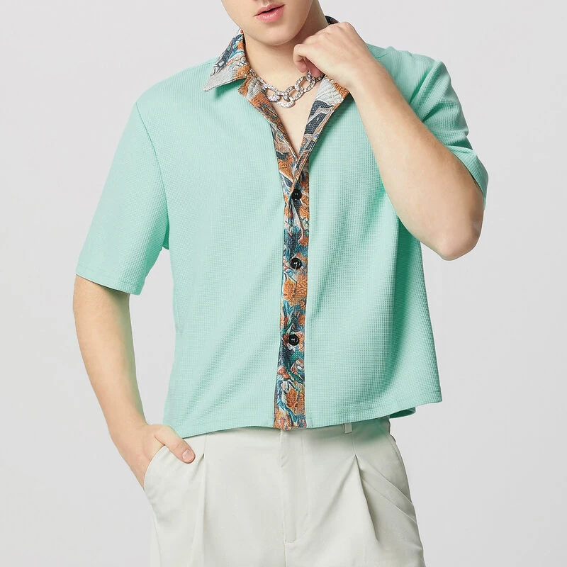 INCERUN Mens Textured Patchwork Cropped Short Sleeve Shirt Comfortable Fashion Solid Printed Edge Lapel Top — view 5