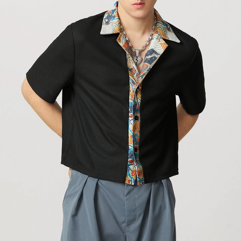INCERUN Mens Textured Patchwork Cropped Short Sleeve Shirt Comfortable Fashion Solid Printed Edge Lapel Top — view 8