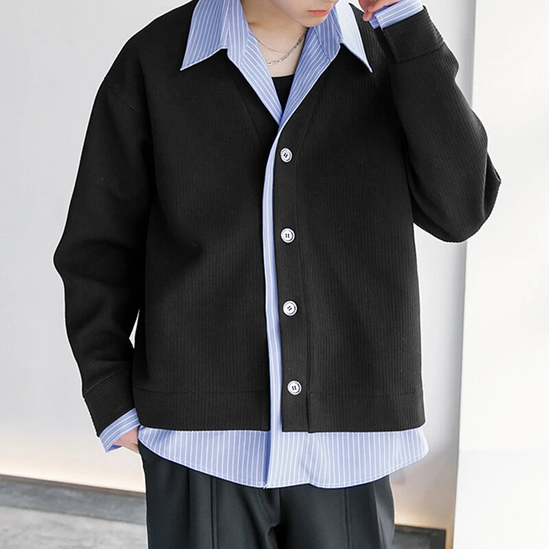 INCERUN Mens Textured Patchwork Striped Long Sleeve Shirt Fashion Lapel Men Top Comfortable — INCERUN