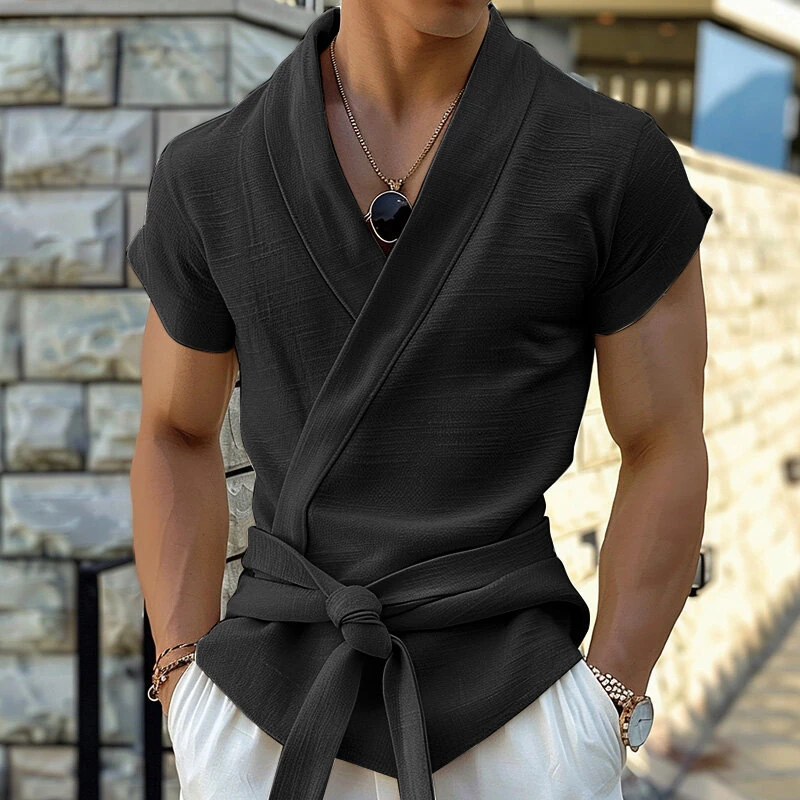 INCERUN Mens Textured Tie-Design Short Sleeve T-Shirt Fashion Design Casual Solid Color Tshirt for Men S-5XL — view 2