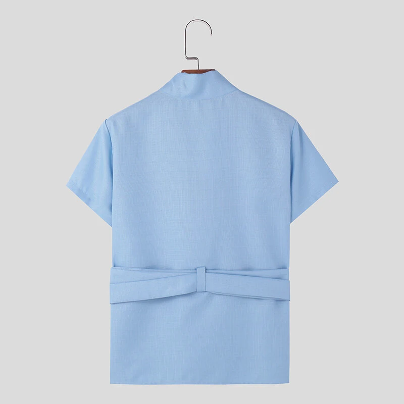 INCERUN Mens Textured Tie-Design Short Sleeve T-Shirt Fashion Design Casual Solid Color Tshirt for Men S-5XL — view 7