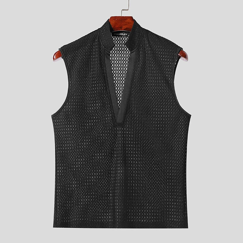 INCERUN Mens Textured V-Neck Sleeveless Tank Micro Sheer Comfortable Breathable Vest — view 2
