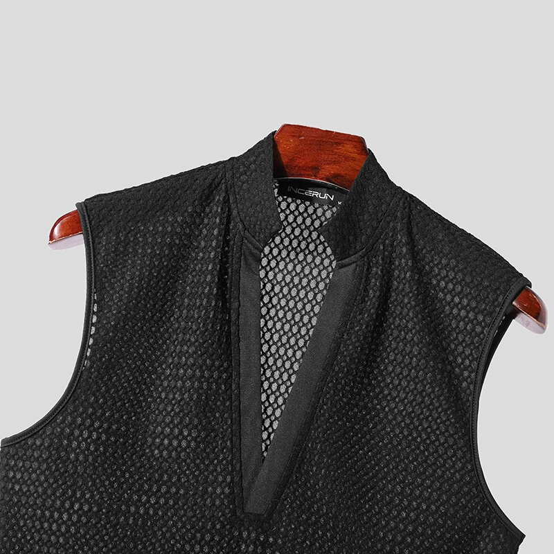 INCERUN Mens Textured V-Neck Sleeveless Tank Micro Sheer Comfortable Breathable Vest — view 3