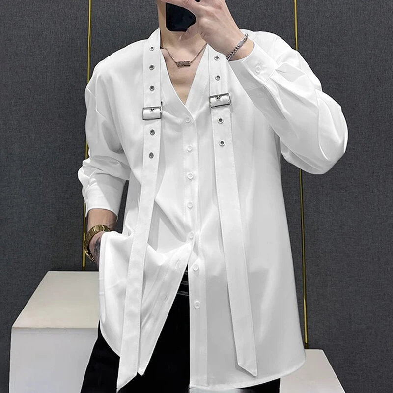 INCERUN Mens Tie Design Long Sleeve Shirt Casual Solid Color Fashion Design Men Top Loose Fit — INCERUN