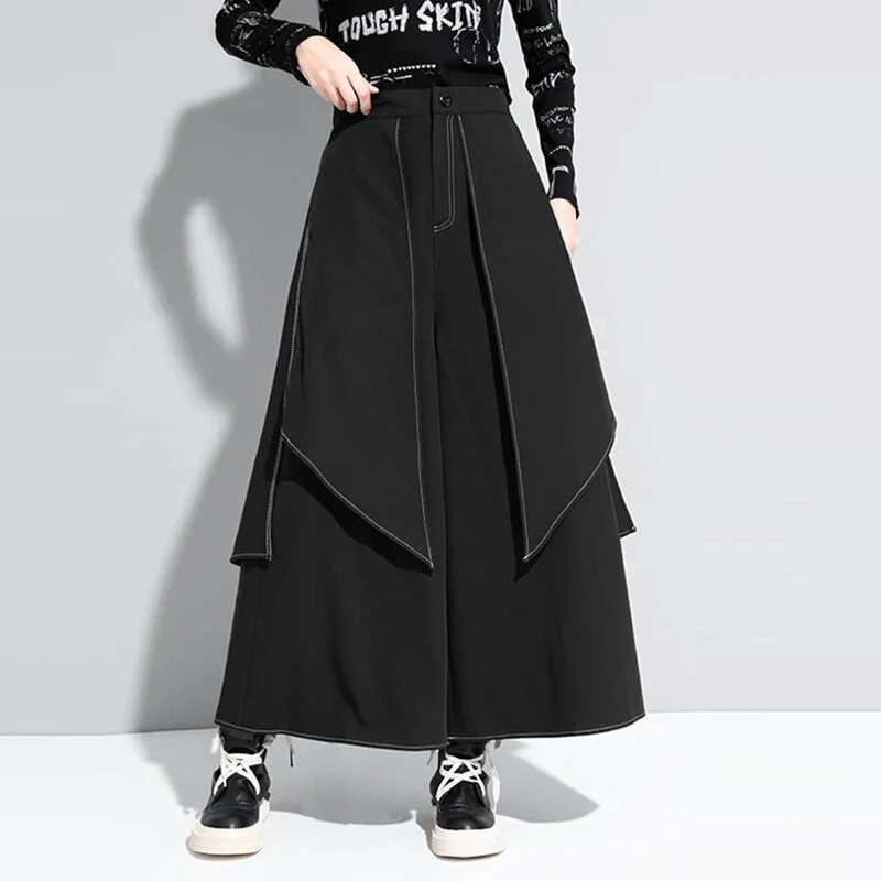 INCERUN Mens Topstitching Irregular layered Design Black Pants Skirt Design Hemmed Trousers — image 1