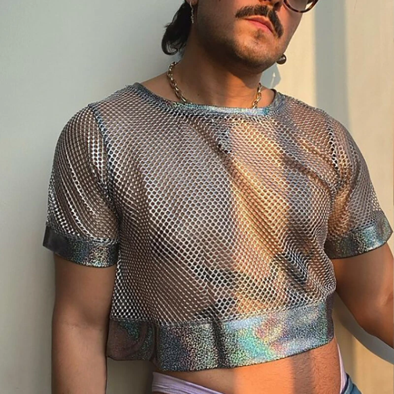 INCERUN Mens Tshirt Fashion Shiny Mesh Patchwork See Through Fishnet Short Sleeve T-Shirt Summer Cool Short Top — INCERUN
