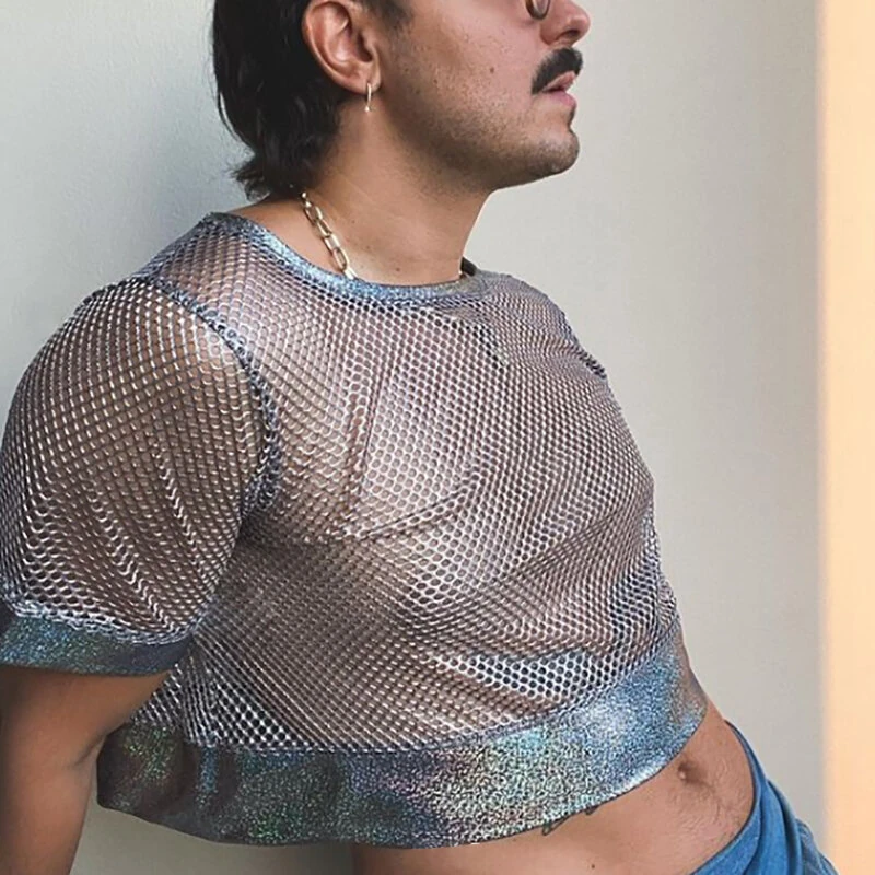 INCERUN Mens Tshirt Fashion Shiny Mesh Patchwork See Through Fishnet Short Sleeve T-Shirt Summer Cool Short Top — view 3