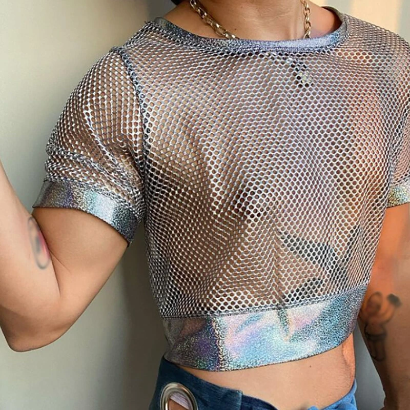 INCERUN Mens Tshirt Fashion Shiny Mesh Patchwork See Through Fishnet Short Sleeve T-Shirt Summer Cool Short Top — view 4
