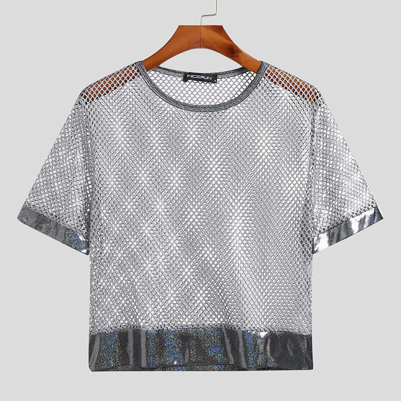 INCERUN Mens Tshirt Fashion Shiny Mesh Patchwork See Through Fishnet Short Sleeve T-Shirt Summer Cool Short Top — view 5