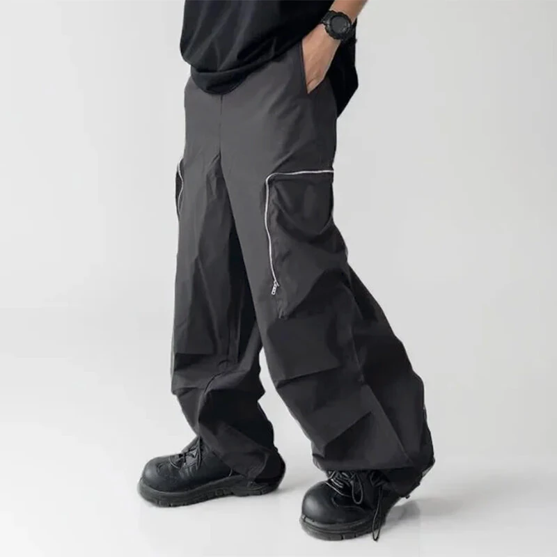 INCERUN Mens Zipper Big Pocket Pleated Design Pant Wide Legged Trousers Casual Solid Color Elastic Waist Pant S-5XL — image 1