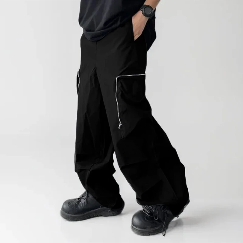 INCERUN Mens Zipper Big Pocket Pleated Design Pant Wide Legged Trousers Casual Solid Color Elastic Waist Pant S-5XL — view 2
