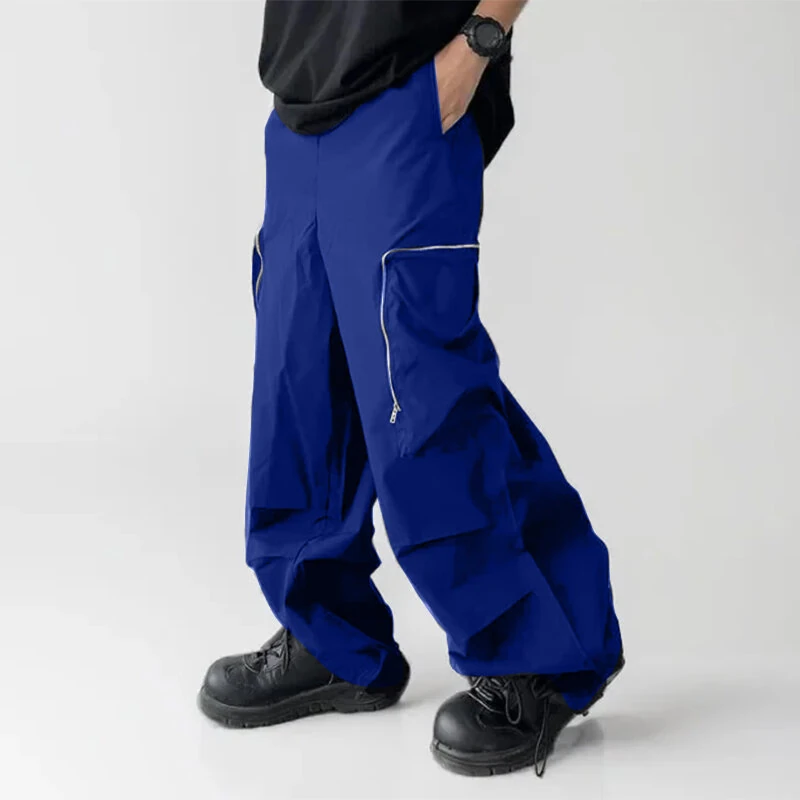 INCERUN Mens Zipper Big Pocket Pleated Design Pant Wide Legged Trousers Casual Solid Color Elastic Waist Pant S-5XL — view 3