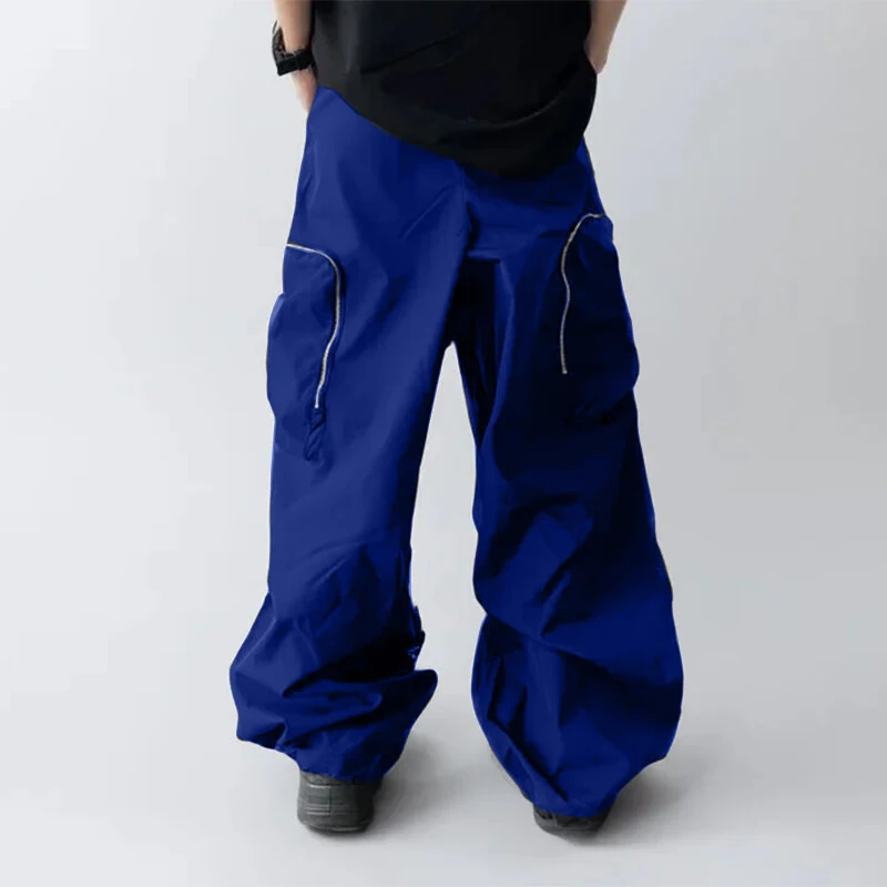 INCERUN Mens Zipper Big Pocket Pleated Design Pant Wide Legged Trousers Casual Solid Color Elastic Waist Pant S-5XL — view 4