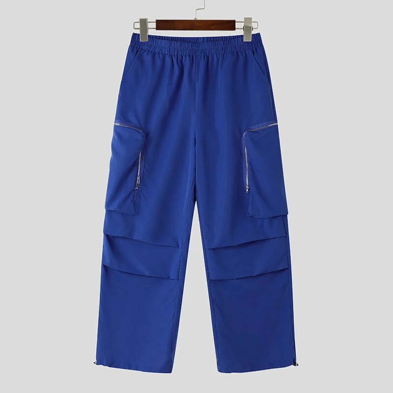 INCERUN Mens Zipper Big Pocket Pleated Design Pant Wide Legged Trousers Casual Solid Color Elastic Waist Pant S-5XL — view 5