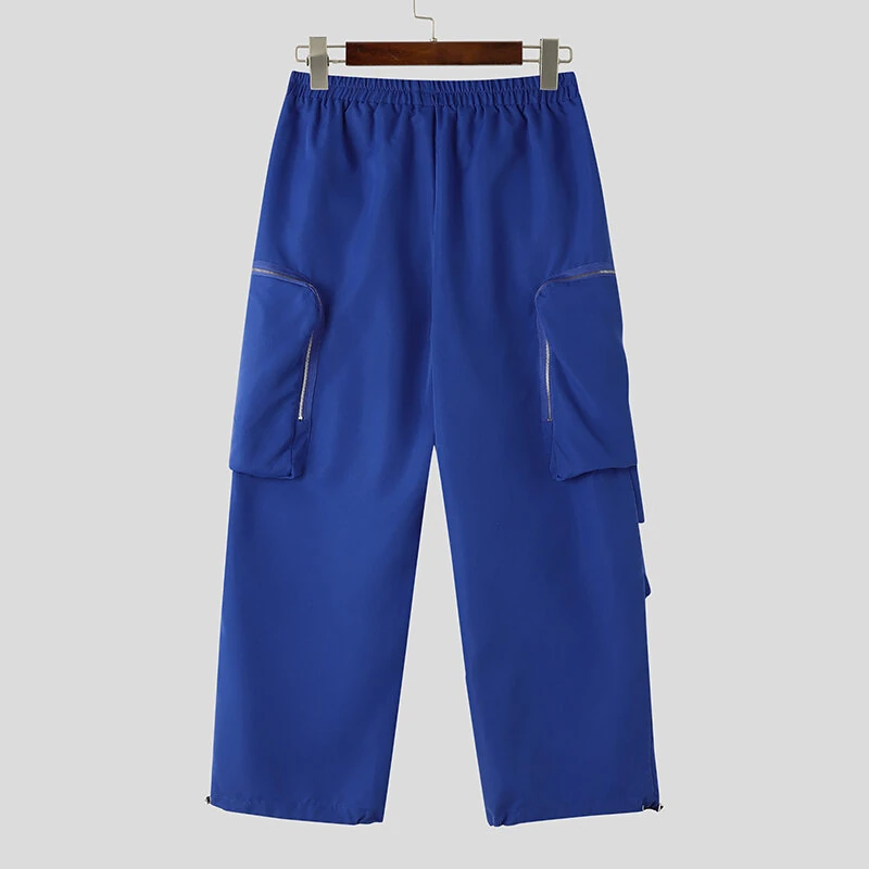 INCERUN Mens Zipper Big Pocket Pleated Design Pant Wide Legged Trousers Casual Solid Color Elastic Waist Pant S-5XL — view 9
