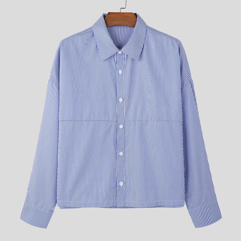 INCERUN Plus Size Men Classic Striped Shirts Long Sleeve Lapel Collar Casual Shirt for Men Daily Vacation Streetwear Male Top — view 4