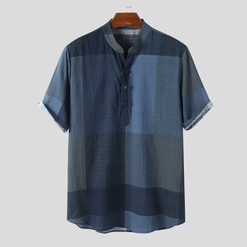 INCERUN Solid Cotton Men's Shirt Top Retro Color Block Plaid Shirts Short Sleeve Closure Summer Henley Shirt Button Up Casual Shirt for Daily Vacation Resorts Beach Shirts for Men — view 2