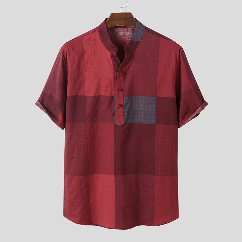 INCERUN Solid Cotton Men's Shirt Top Retro Color Block Plaid Shirts Short Sleeve Closure Summer Henley Shirt Button Up Casual Shirt for Daily Vacation Resorts Beach Shirts for Men — view 3
