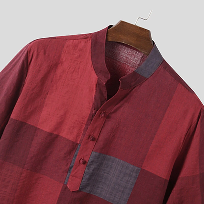 INCERUN Solid Cotton Men's Shirt Top Retro Color Block Plaid Shirts Short Sleeve Closure Summer Henley Shirt Button Up Casual Shirt for Daily Vacation Resorts Beach Shirts for Men — view 4