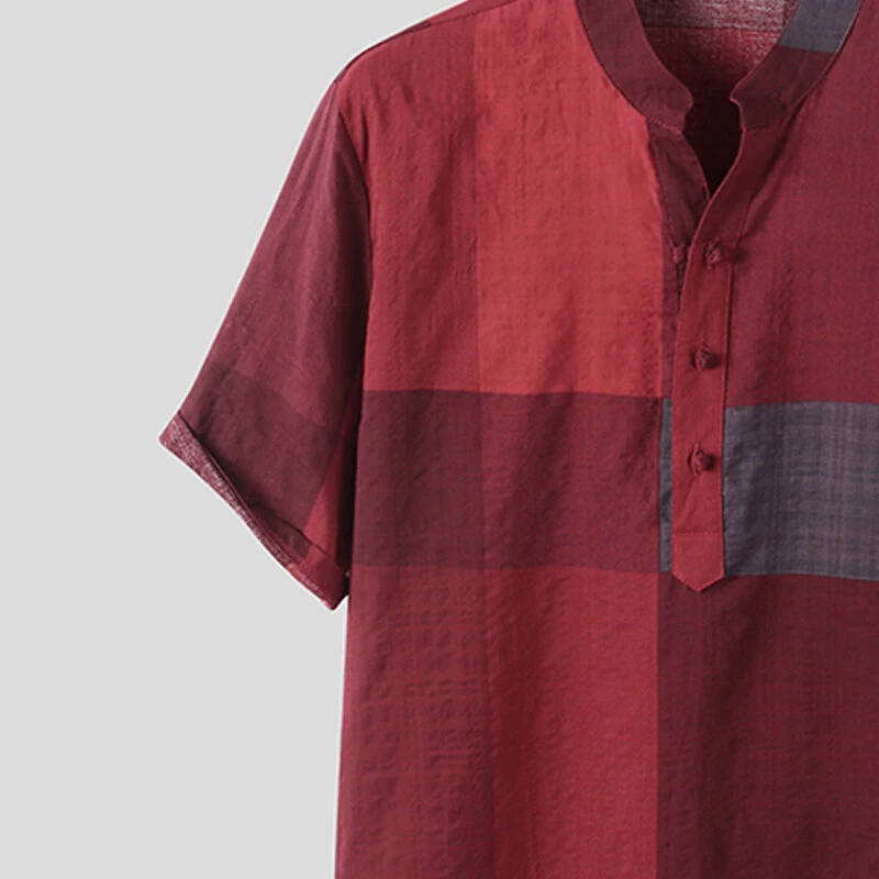 INCERUN Solid Cotton Men's Shirt Top Retro Color Block Plaid Shirts Short Sleeve Closure Summer Henley Shirt Button Up Casual Shirt for Daily Vacation Resorts Beach Shirts for Men — view 5