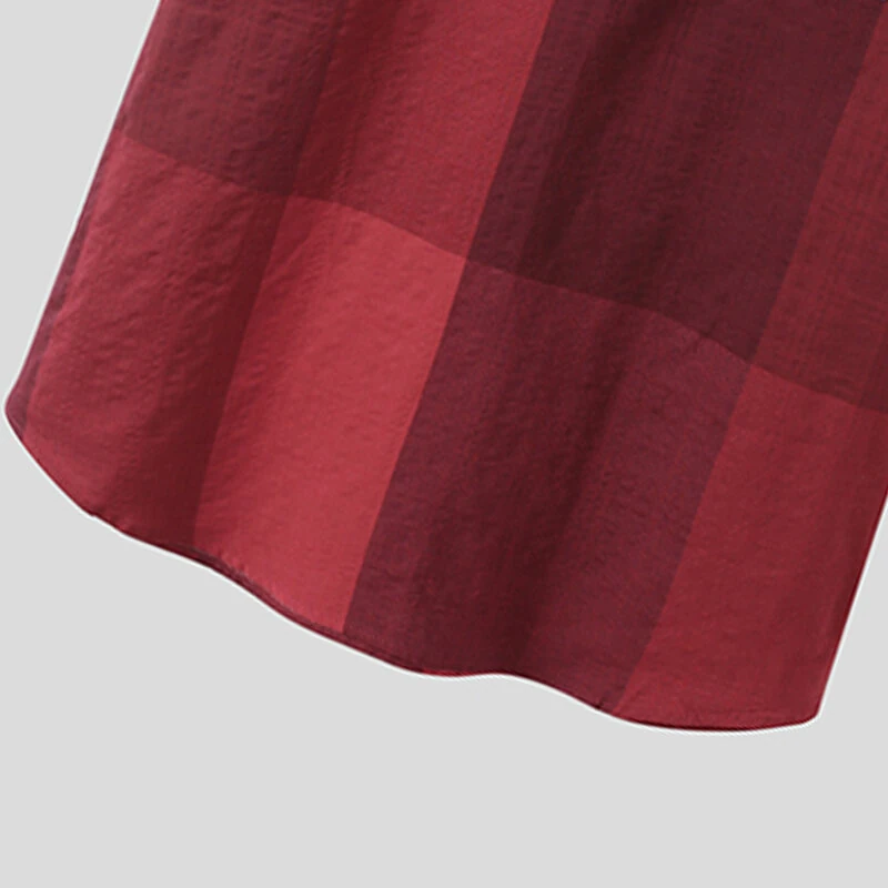INCERUN Solid Cotton Men's Shirt Top Retro Color Block Plaid Shirts Short Sleeve Closure Summer Henley Shirt Button Up Casual Shirt for Daily Vacation Resorts Beach Shirts for Men — view 7