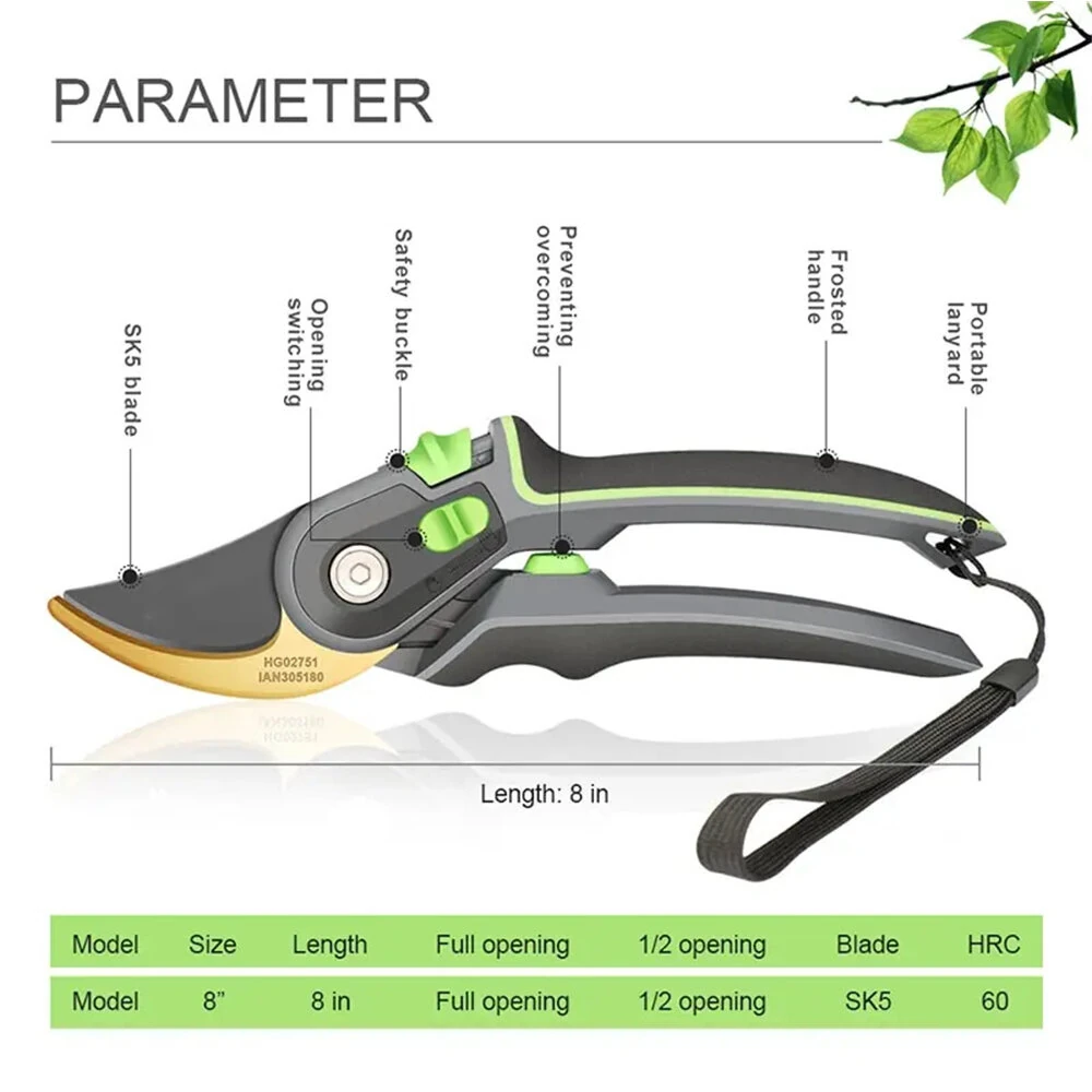 Industrial Pruning Shears 205mm SK5 Steel Blade 50mm Length Two-level Opening Ergonomic Non-slip Handles Labor-saving Spring Precision Cutting — view 6