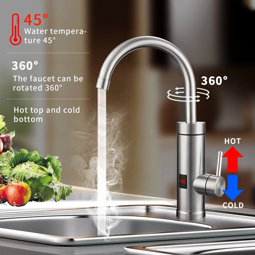 Instant 220V Electric Faucet with 360 Degree Rotating Stainless Steel Pipe Eco-friendly Kitchen Hot Water Heater with 3000W Power 1.5m Power Cord for Fast and Safe Water Heating — view 3