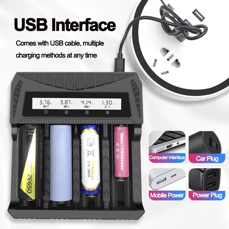 Intelligent LCD Battery USB Charger 4 Slots For 18650/AA/AAA Rechargeable Lithium Battery Type-C Overcharge Protection ABS Shell Power Banks Compatible — view 2