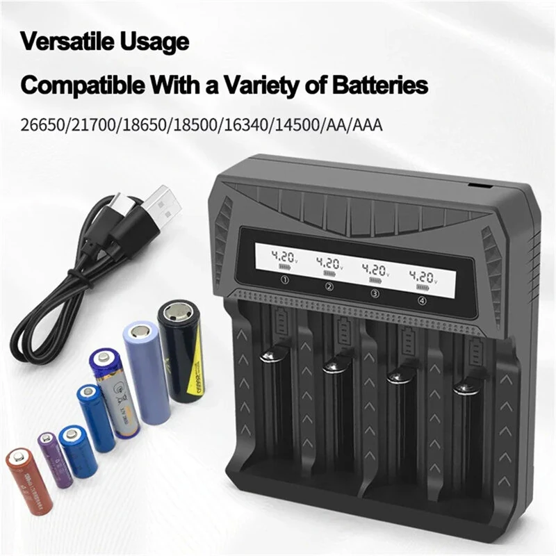 Intelligent LCD Battery USB Charger 4 Slots For 18650/AA/AAA Rechargeable Lithium Battery Type-C Overcharge Protection ABS Shell Power Banks Compatible — view 3
