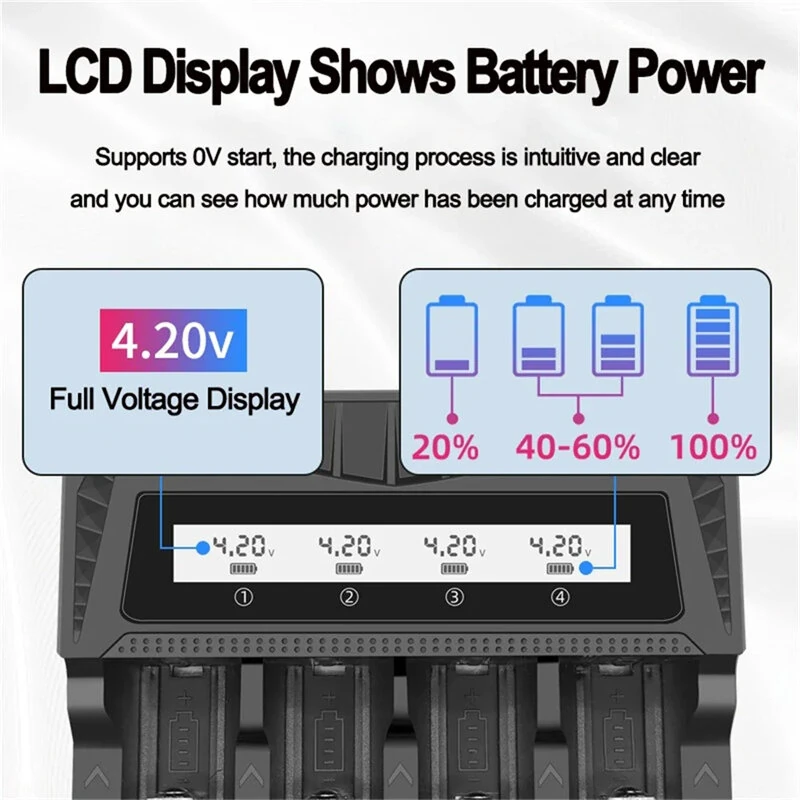 Intelligent LCD Battery USB Charger 4 Slots For 18650/AA/AAA Rechargeable Lithium Battery Type-C Overcharge Protection ABS Shell Power Banks Compatible — view 4