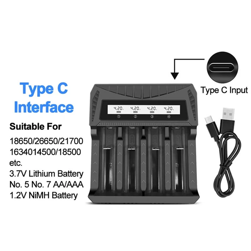 Intelligent LCD Battery USB Charger 4 Slots For 18650/AA/AAA Rechargeable Lithium Battery Type-C Overcharge Protection ABS Shell Power Banks Compatible — view 5