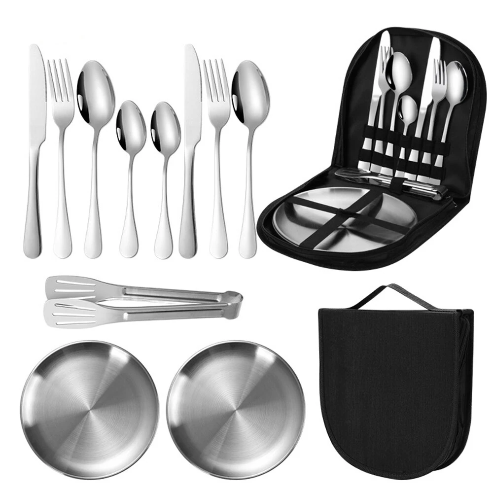 IPRee 11pcs Stainless Steel Flatware Set for Camping, Hiking & Outdoor Dining - Polished Finish Portable Cutlery Kit with Plates, Spoons, Forks, Travel Utensil Set for Picnics & Backpacking — view 11
