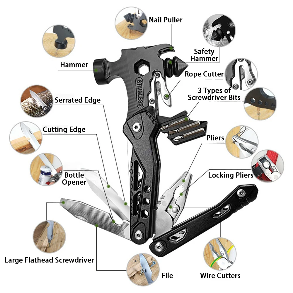 IPRee 16 In 1 Multifunctional Hammer Survival Tool Folding Pocket Pliers With Screwdriver Bottle Opener For Survival Camping Hunting Outdoor — view 2